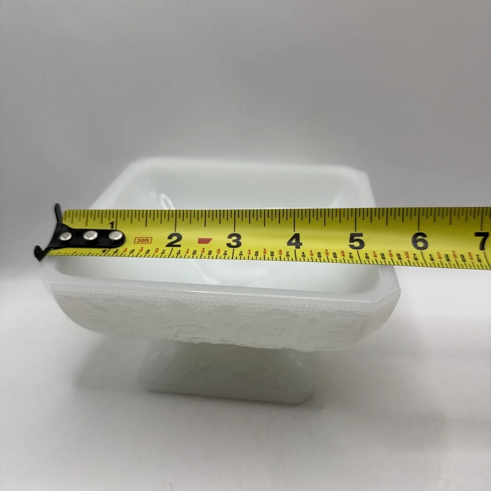 Vintage Jeanette Milk Glass Square Pedestal Candy Dish Acorn & Leaf Pattern